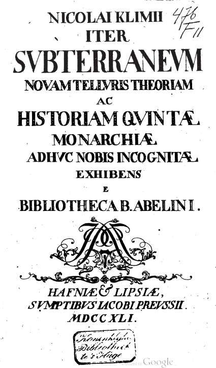 Imago primæ paginæ libri c.n. Nicolai Klimii Iter Subterraneum